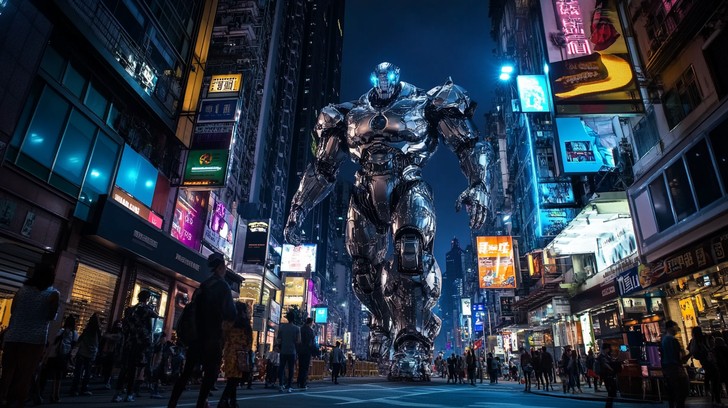 Free Giant Robot Stalking Image - Robot, City, Neon | Download at StockCake