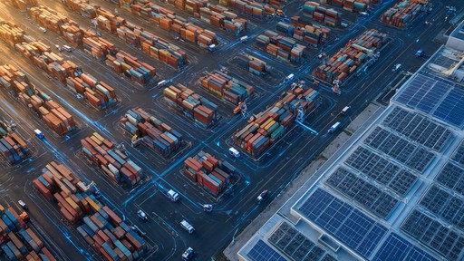 This photorealistic, AI-generated aerial scene shows a huge shipping ...