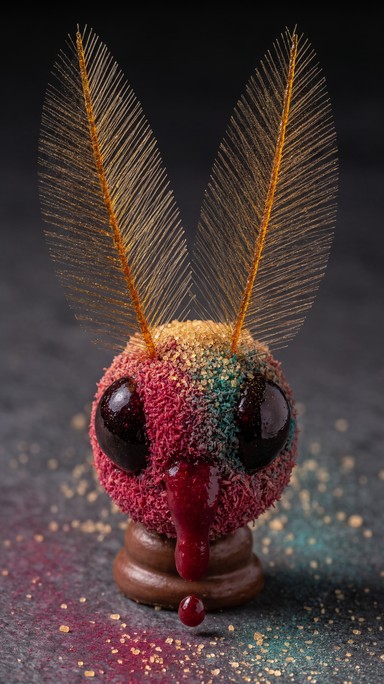 Red Dripper Head A colorful dessert moth head with fuzzy pink coconut fur, shiny dark ...