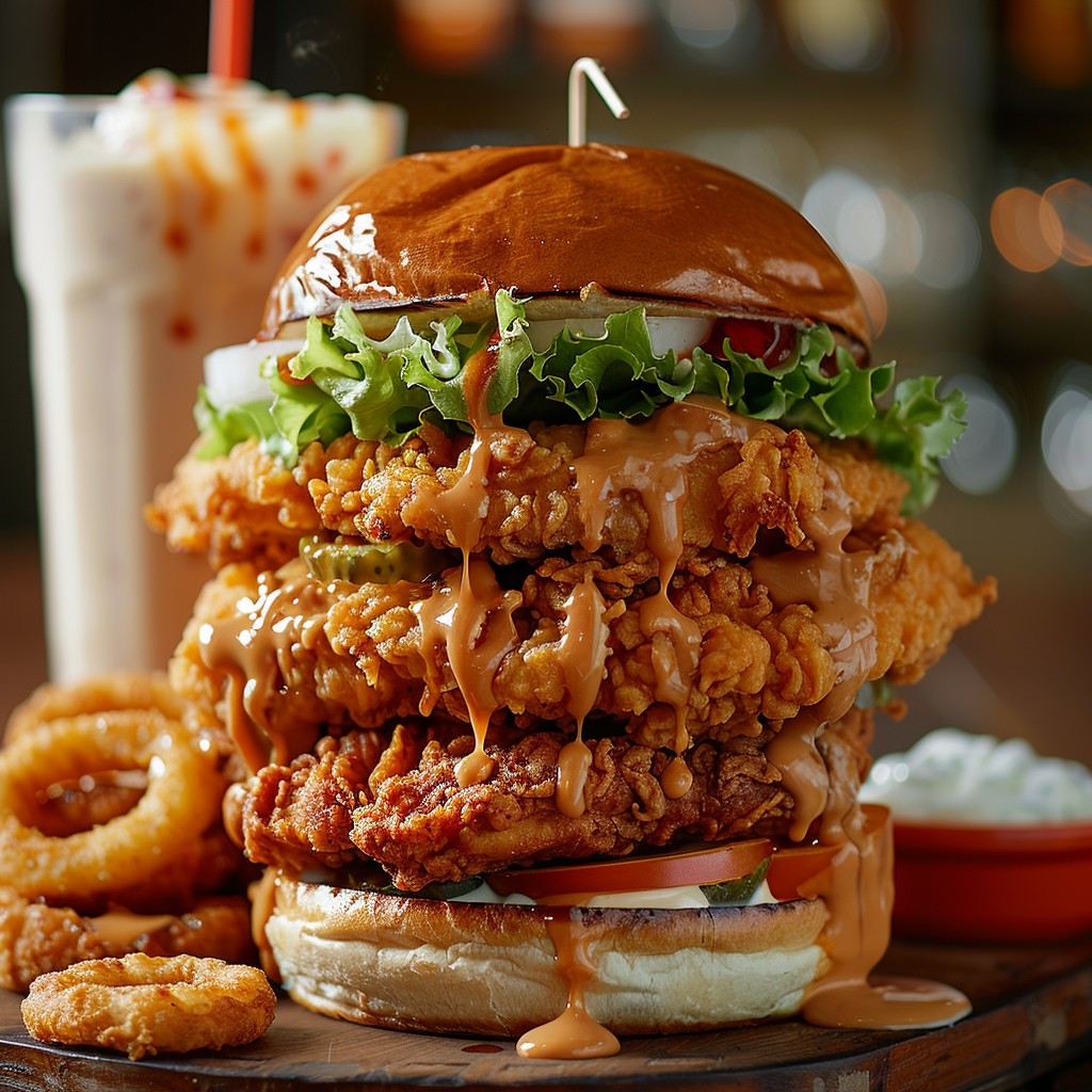 Free Massive stacked burger Image - Burger, Onion Rings, Milkshake ...