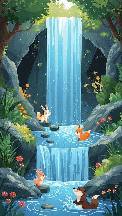 Scenery Waterfall With Rabbit Free Magical Waterfall Paradise Image - Waterfall, Illustration, Nature ...