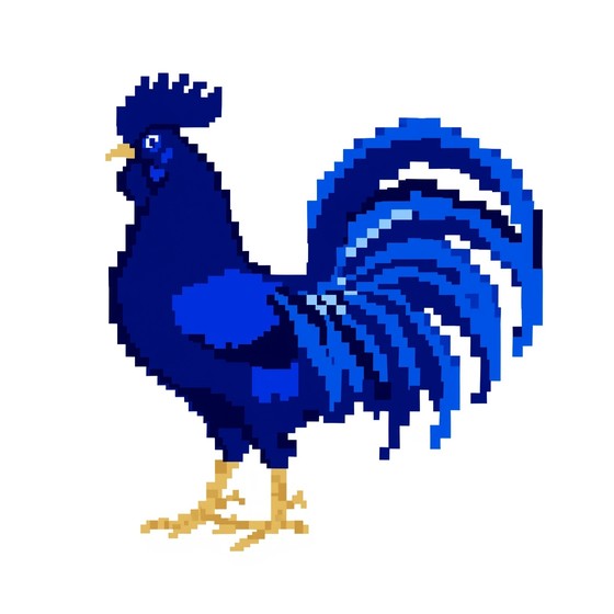 Proud blue rooster character features retro 8-bit pixel art styling ...
