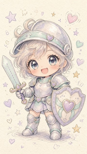 A cute chibi knight with curly blonde hair, big blue eyes, and shiny ...