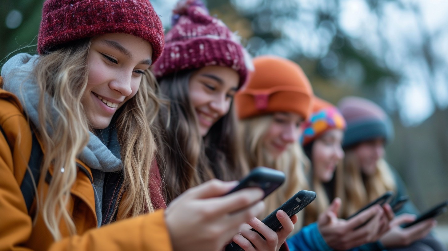 Free Connected Young Friends Image - Smartphones, Friends, Beanies ...