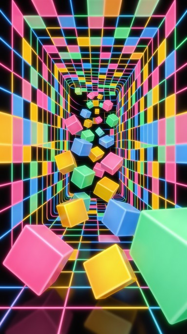 Stretch Cube Chunky glowing cubes in pink, yellow, blue, and green tumble through a ...