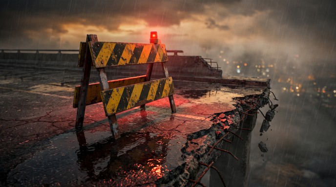 Warning Triangle Stand A yellow and black warning barrier with a glowing red light stands at ...
