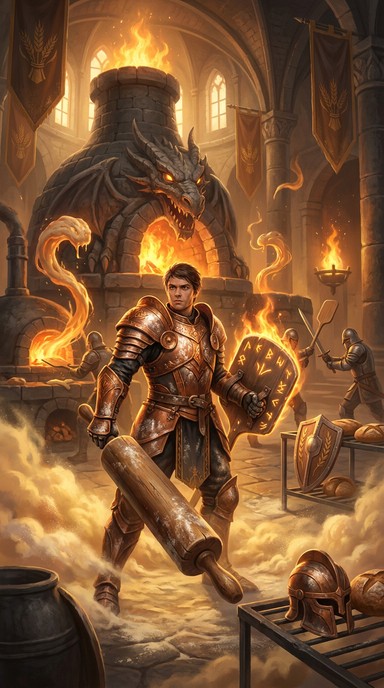 Bronze-armored baker warrior stands heroically in magical fortress ...