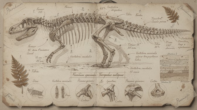 Scientific illustration showcasing articulated fossil skeleton with ...