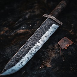 A weathered, rusted sword half-buried in dark earth, evoking a sellsword's hard-worn blade