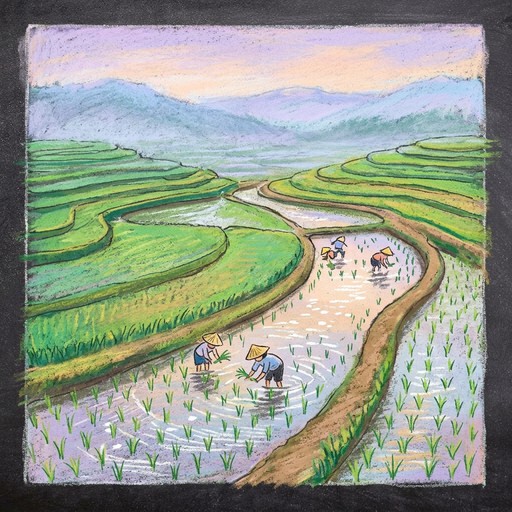 Blue Rice Farm Drawing Free Rice Fields Illustration Image - Illustration, Chalk, Crayon ...