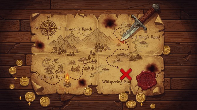 Retro 16-bit pixel art treasure map showing adventure trails leading to ...