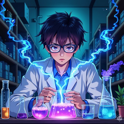 Data Chart Science Project Focused researcher in glasses manipulates glowing chemicals while ...