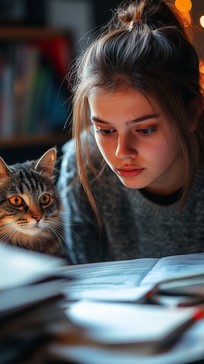 Free Studying with Cat Image - Study, Cat, Woman | Download at StockCake