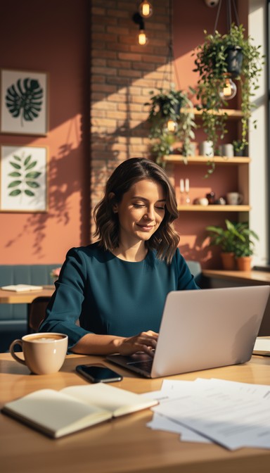 Professional woman works focused on laptop computer in cozy cafe with ...