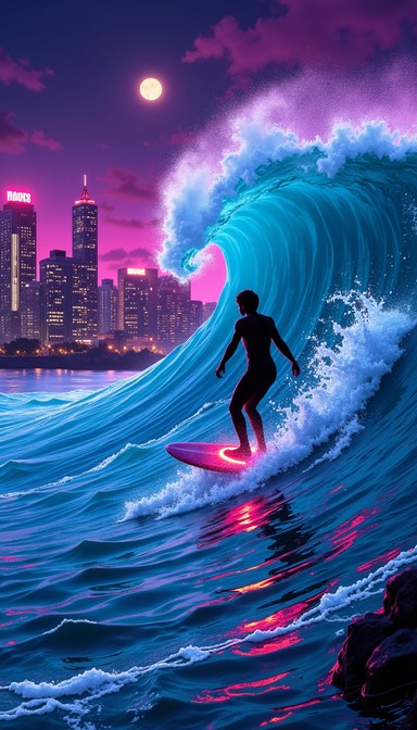 Neon Wave Riding Free Neon Wave Rider Image - Surfer, Neon, Wave | Download at StockCake