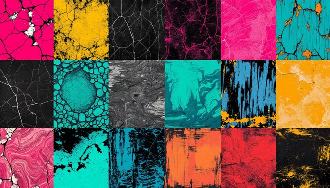 Bold pop art grid featuring cracked marble, weathered wood, and peeling ...