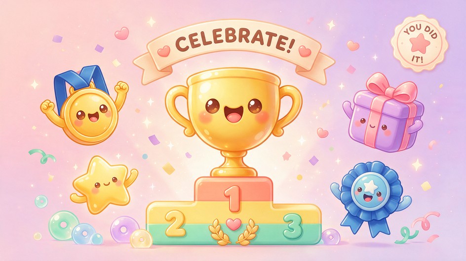 A smiling golden trophy stands on a rainbow-colored winner's podium ...