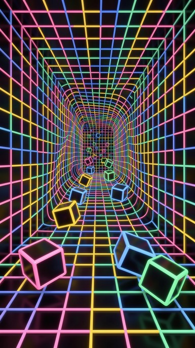 Stretch Cube A 3D neon illustration of glowing pink, yellow, blue and green cubes ...