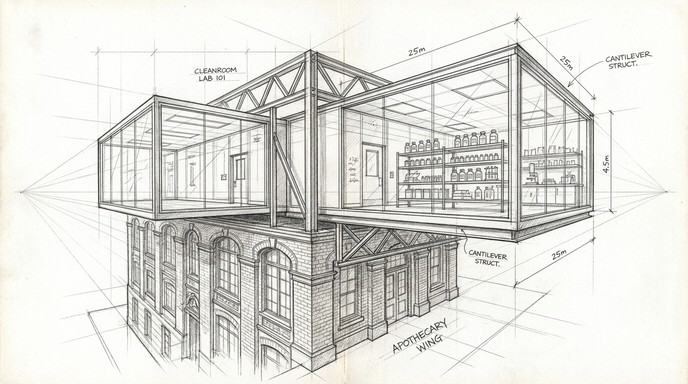 Photo Lab Drawing A detailed graphite architectural illustration shows a modern ...