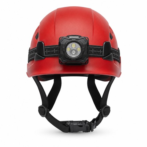 Hal Met Light Realistic 3D-style red caving helmet with a black LED headlamp and chin ...