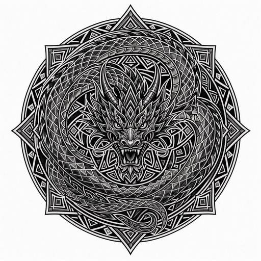 Timeless Icon Without Background Black and grey tribal dragon tattoo illustration with a coiled, scaly ...