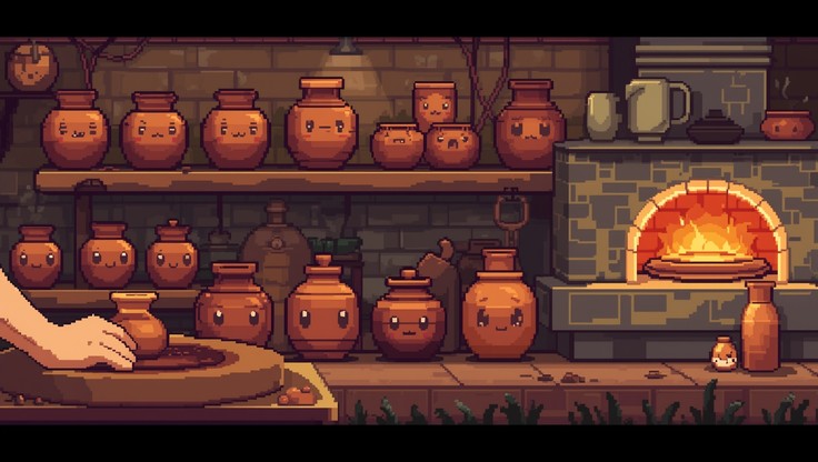 Free Cozy Potter's Shelf Image - Pottery, Terracotta, Pixel | Download ...