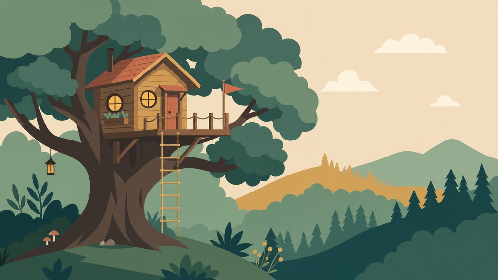A cozy wooden treehouse with glowing round windows sits in a big green ...