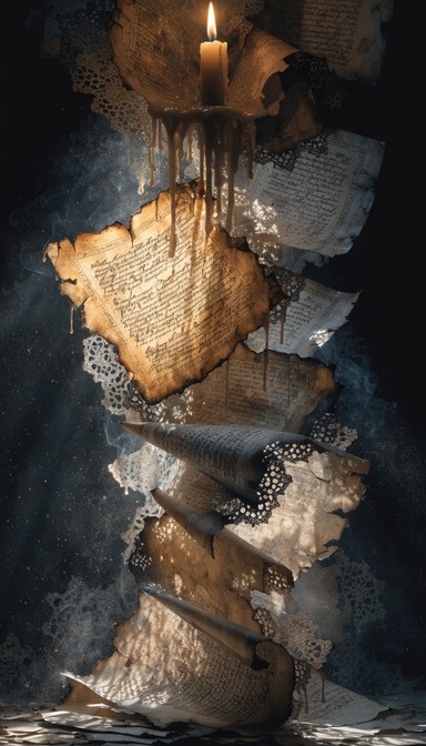 Parchment Stock Weathered ancient manuscripts cascade through dramatic candlelight ...