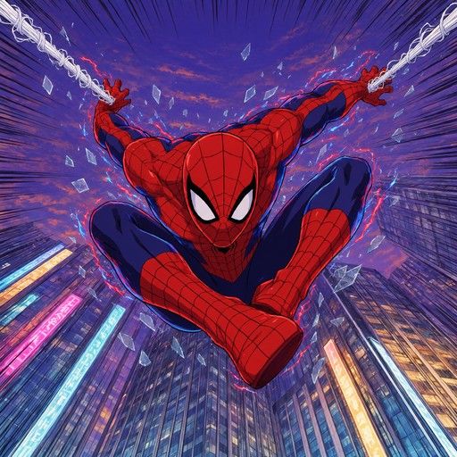 A bold shonen anime illustration shows Spider-Man jumping through the ...