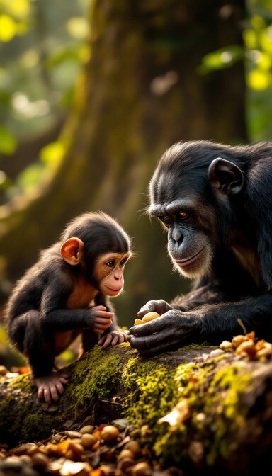 Young chimpanzee watches mother demonstrate tool use with stone to ...