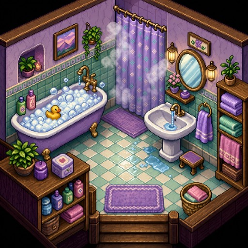 Retro 16-bit pixel art illustration of a cozy lavender and mint ...