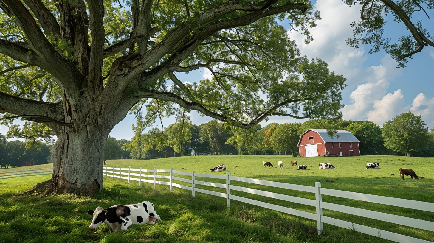 Elm Farm Free Idyllic Farm Scene Image - Farm, Tree, Cow | Download at StockCake