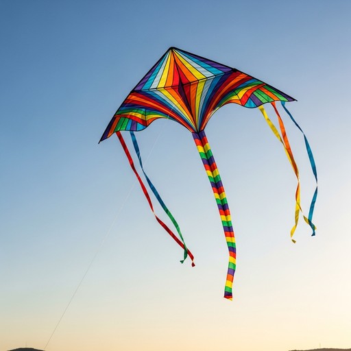 A brilliant diamond-shaped kite with rainbow geometric patterns flies ...