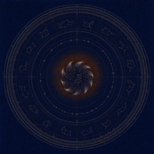 Digital illustration of a midnight blue zodiac wheel with fine gold and ...