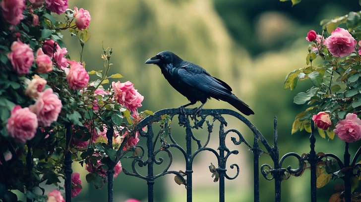 Free Crow on fence Image - Crow, Fence, Roses | Download at StockCake