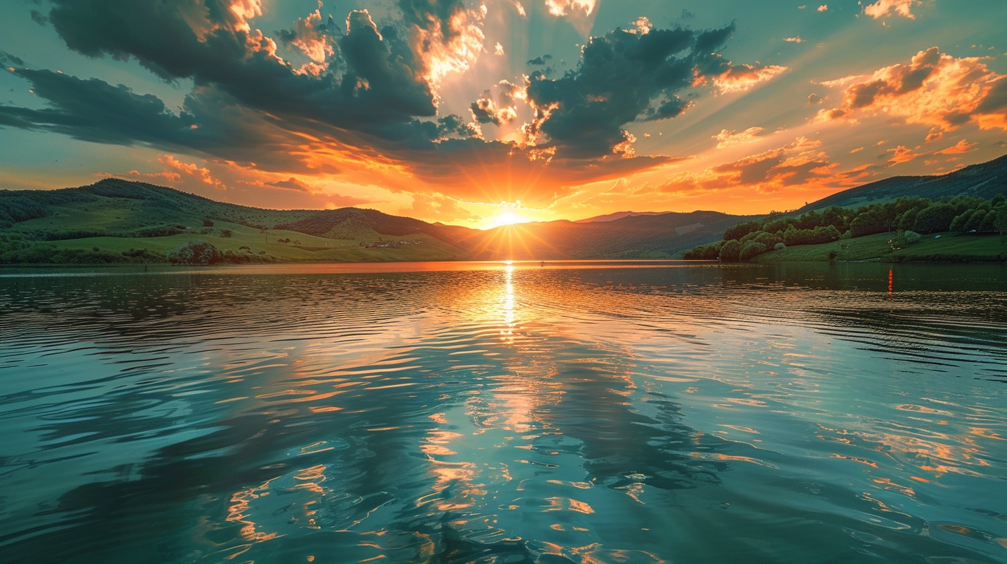 Free Sunset Lake View Image - Sunset, Lake, Hills | Download at StockCake