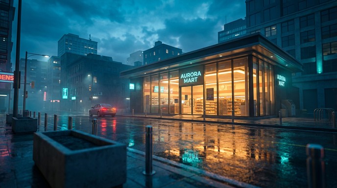 Free Glowing Urban Storefront Image - Storefront, Dusk, Retail ...