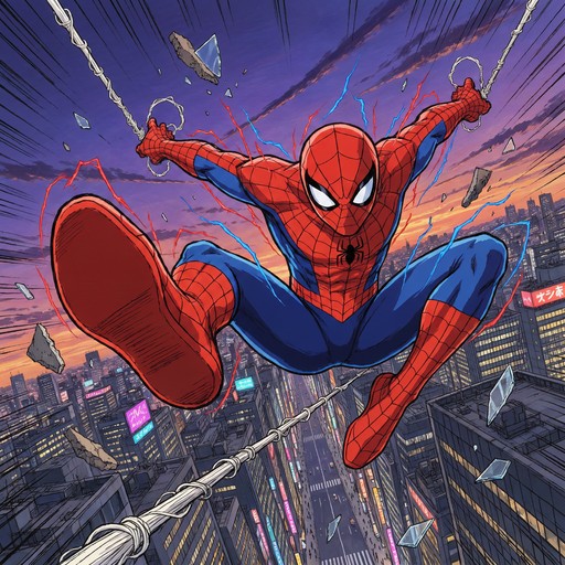 A bold shonen anime illustration shows Spider-Man in the middle of a ...