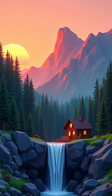 Free Sunset Waterfall Cabin Image - Cabin, Waterfall, Mountains ...