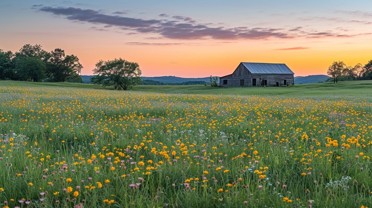 Free Rustic Sunset Serenity Image - Sunset, Barn, Wildflowers ...