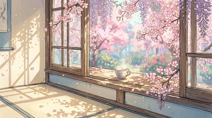 Window Sound Anime Free Springtime Window Blossoms Image - Anime, Illustration, Spring ...