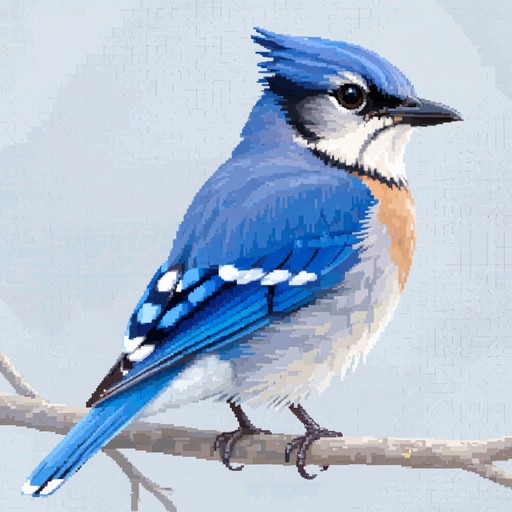 Minimalist pixel art bluebird perched on branch showcases deep blue and ...