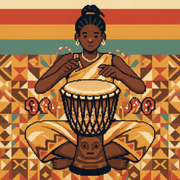 Pixel art illustration of a woman sitting cross-legged and playing a ...