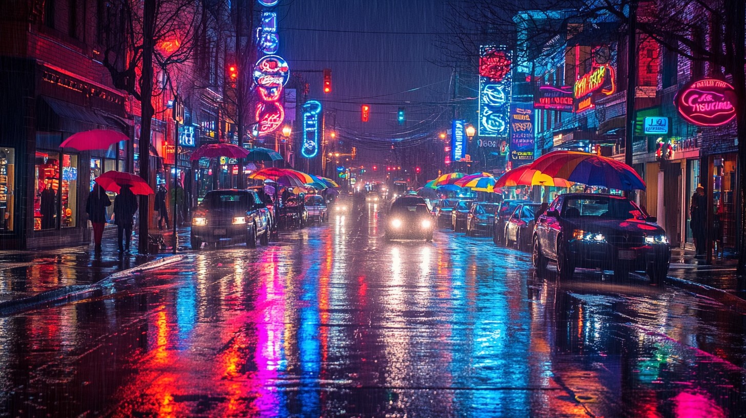 Free Rainy neon street Image - Neon, Rain, Street | Download at StockCake