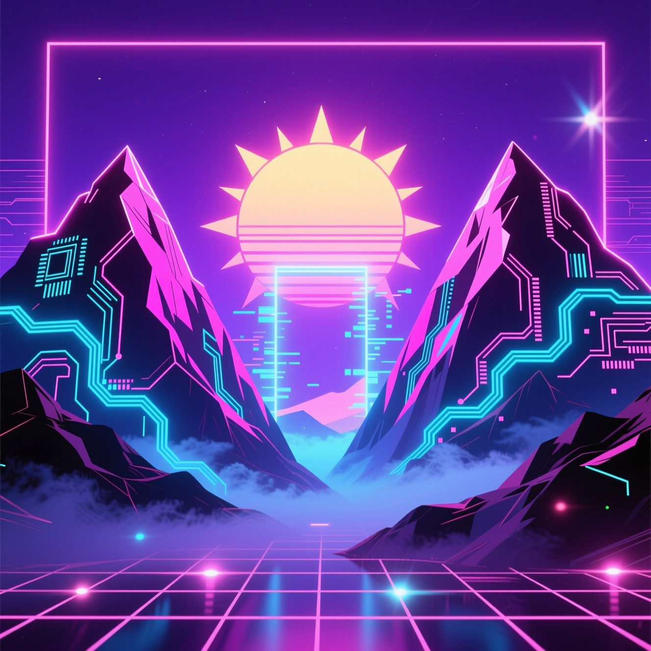Free Cyberpunk Digital Sunset Image - Cyberpunk, Neon, Mountains ...