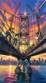 Bringe Image Anime-style illustration of construction workers in bright hard hats ...