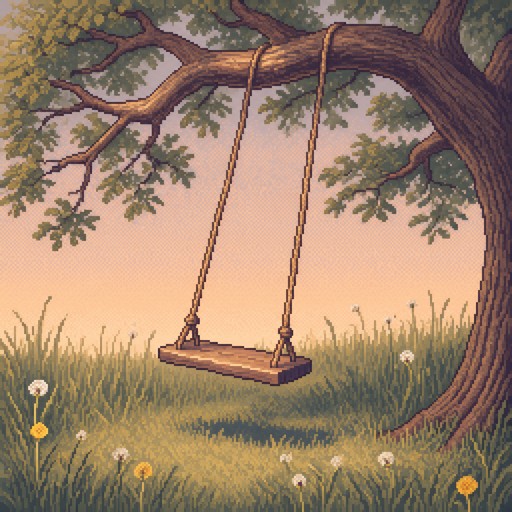 This pixel art illustration shows an empty wooden swing hanging from a ...