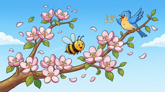Cartoon apple blossoms in pink and white bloom on a branch while a ...