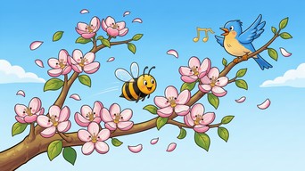 Spring Cartoon Png Cartoon apple blossoms in pink and white bloom on a branch while a ...