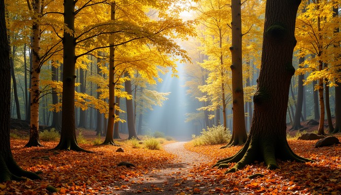 Free Golden Forest Path Image - Autumn, Forest, Sunbeams | Download at ...